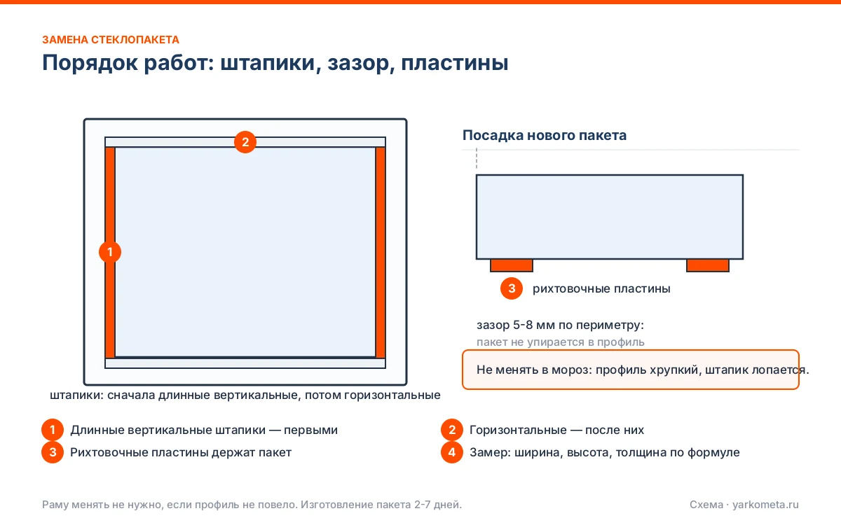 Порядок работ: штапики, зазор, пластины